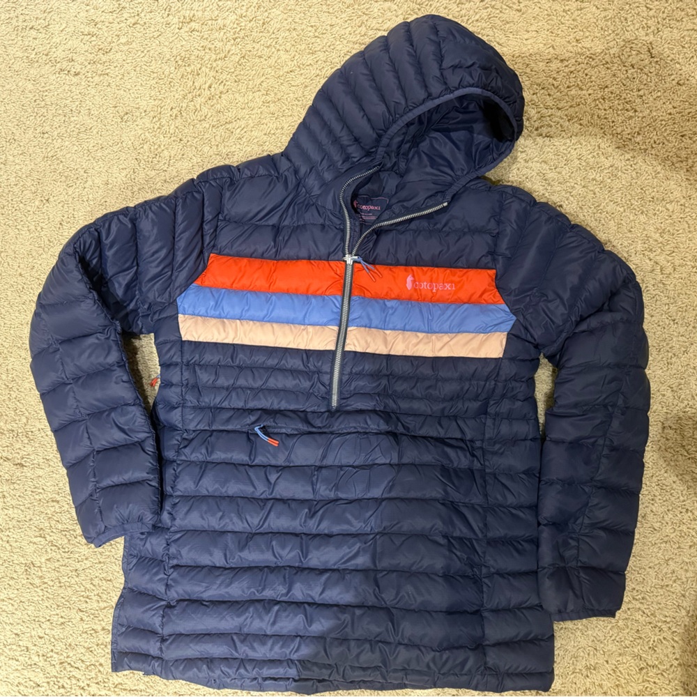 Cotopaxi Puffer Jacket - Navy with Red, Blue, and Pink Stripes